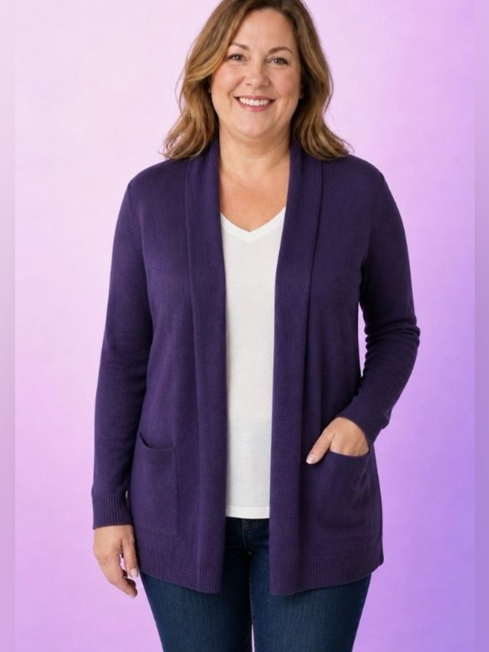 NWT! Karen Scott Purple Women's Sweater cardigan with pockets, size 1X - Picture 2 of 8
